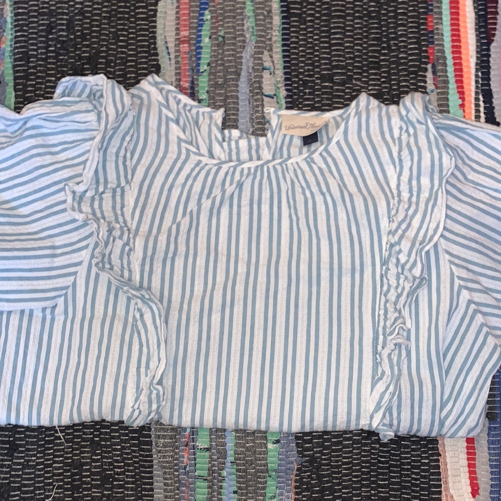 Universal threads blue and white stripe ruffle shirt